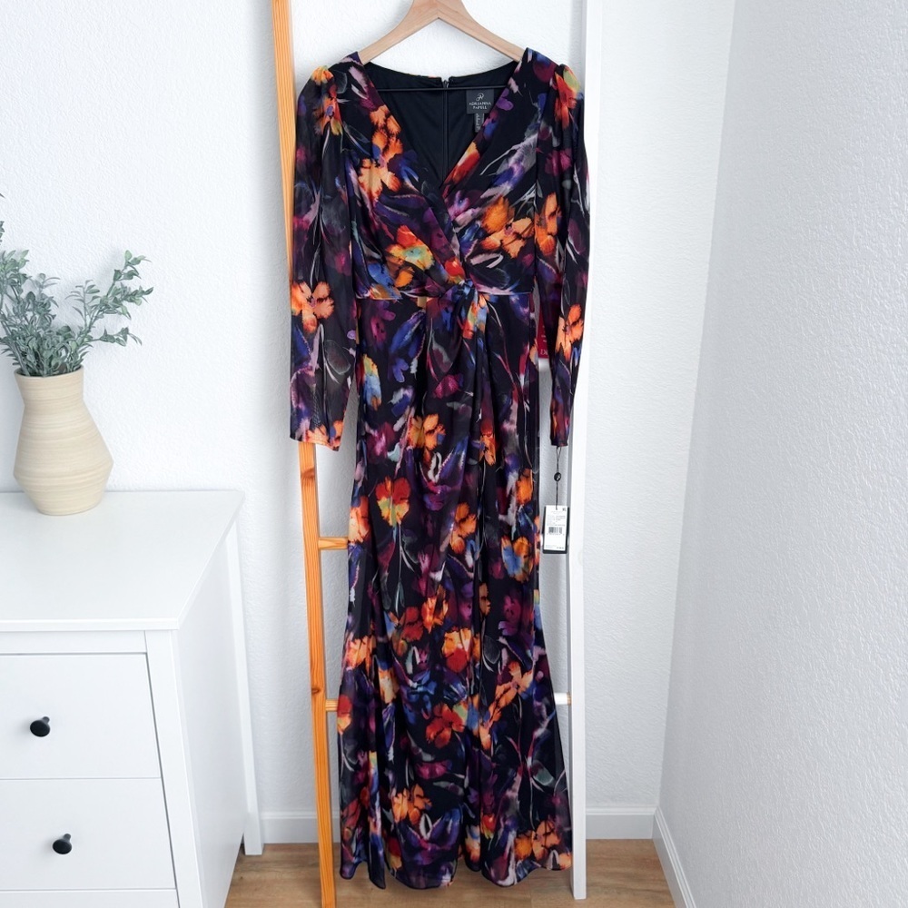 Adrianna Papell Watercolor Floral Chiffon Gown Long Dress Black Side Slit New
